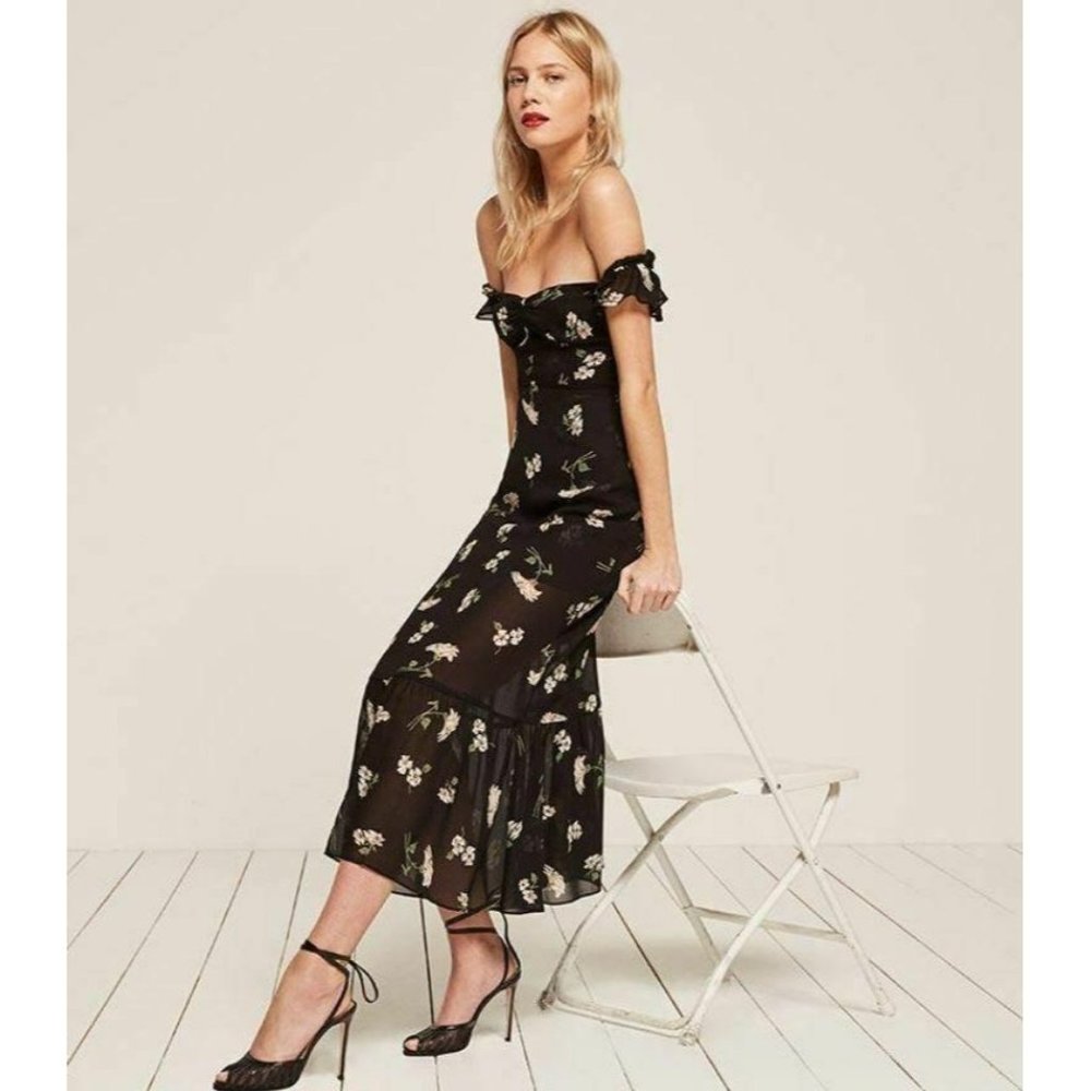 Reformation Tropica Floral Print Off Shoulder Maxi